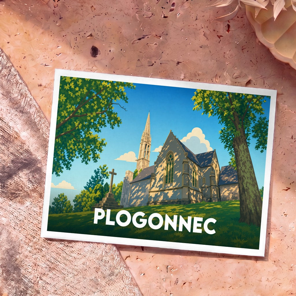 Carte postale souvenir de la ville de Plogonnec illustrant une église et son calvaire dans un style graphique épuré.
