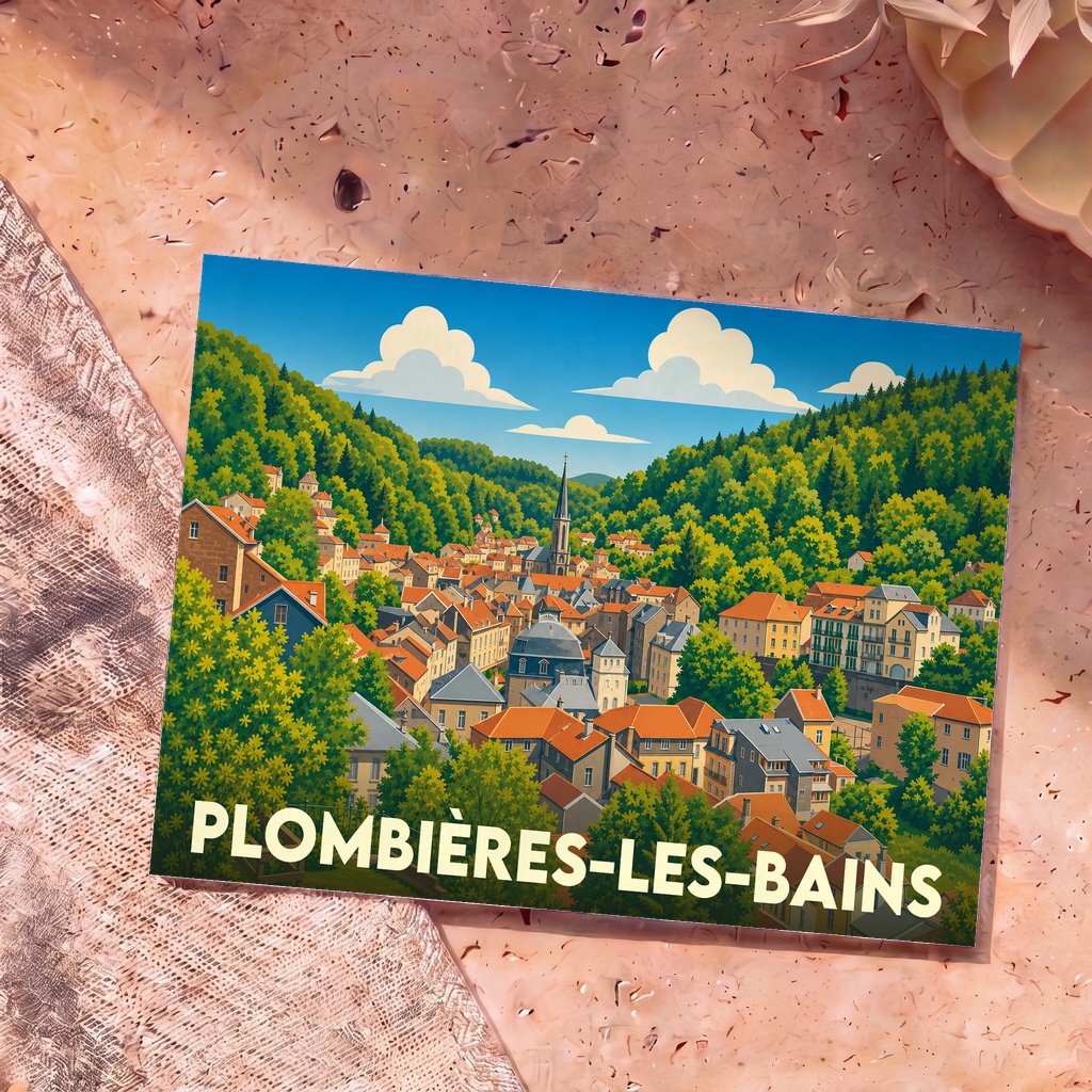 Carte postale souvenir de Plombières-les-Bains présentant une illustration colorée et stylisée de la ville nichée dans une vallée verdoyante.