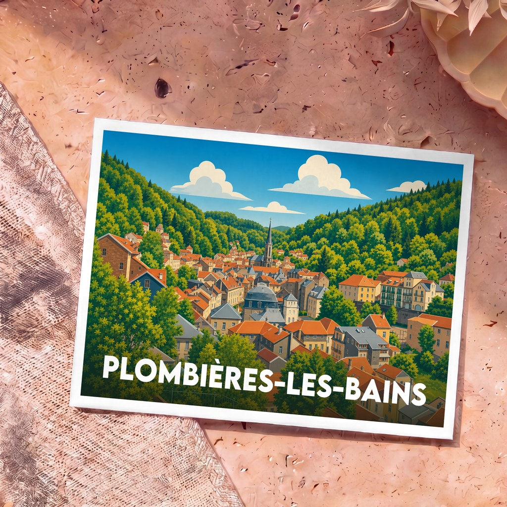 Carte postale souvenir de Plombières-les-Bains présentant une illustration colorée et stylisée de la ville nichée dans une vallée verdoyante.