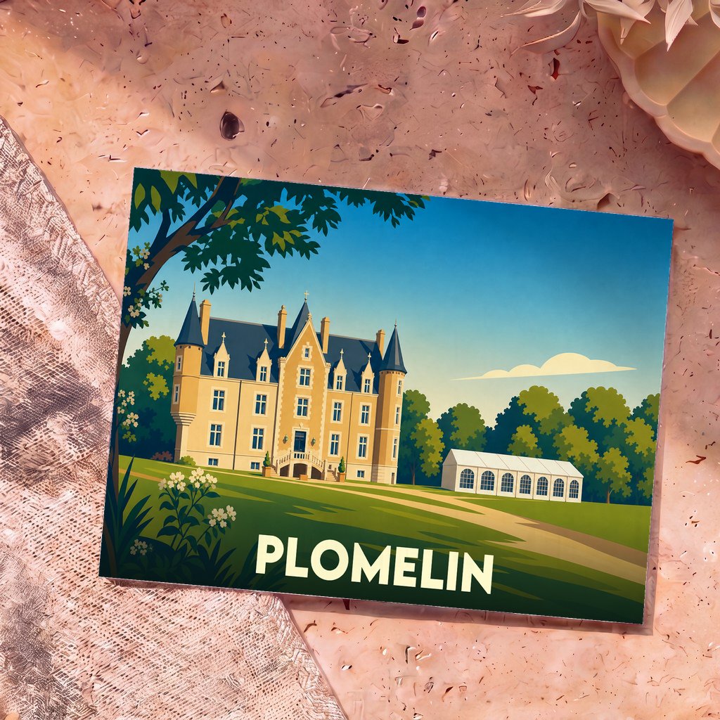 Carte postale souvenir de la ville de Plomelin avec une illustration stylisée d'un château sur un domaine verdoyant.