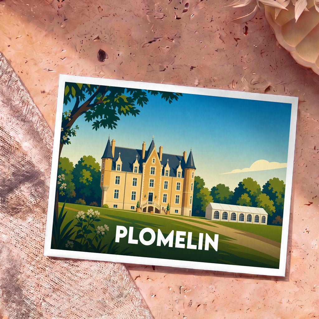 Carte postale souvenir de la ville de Plomelin avec une illustration stylisée d'un château sur un domaine verdoyant.