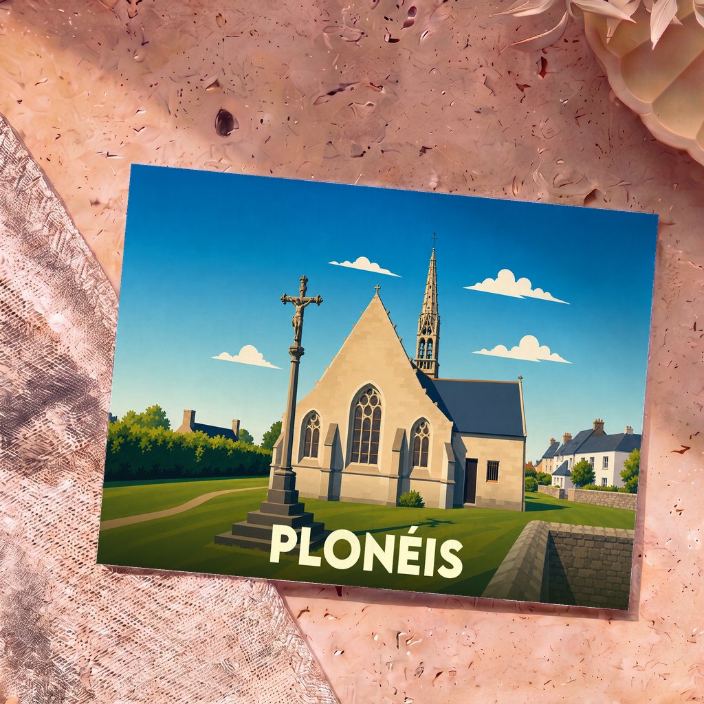 Carte postale souvenir de la ville de Plonéis illustrant son église et son calvaire dans un style graphique épuré.