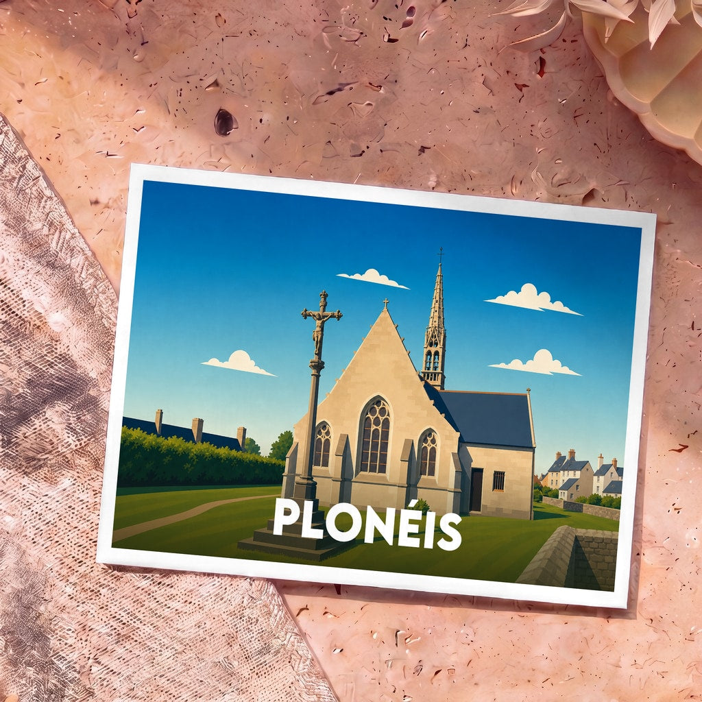 Carte postale souvenir de la ville de Plonéis illustrant son église et son calvaire dans un style graphique épuré.