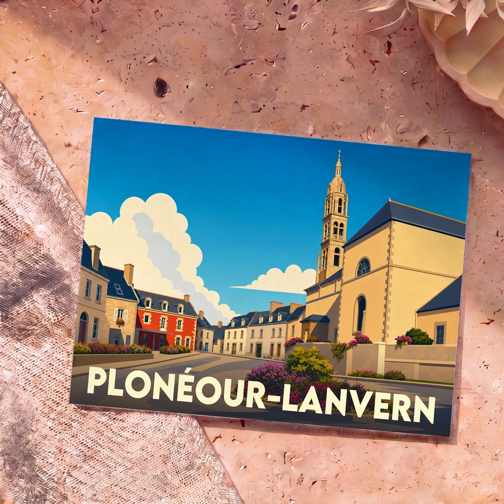 Carte postale souvenir de Plonéour-Lanvern présentant une illustration stylisée et colorée de son église et des maisons du bourg.
