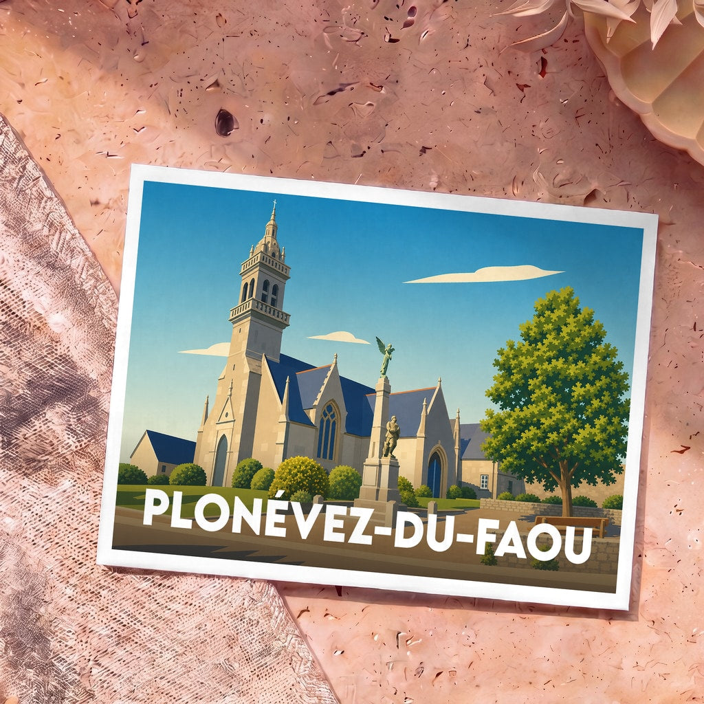 Carte postale souvenir de la ville de Plonévez-du-Faou avec une illustration stylisée de son église et d'un monument.