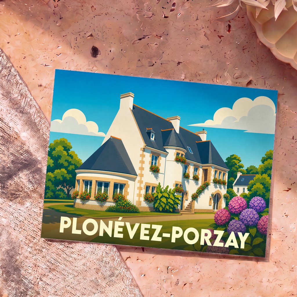 Carte postale souvenir de la ville de Plonévez-Porzay illustrée par une maison bretonne traditionnelle et fleurie.