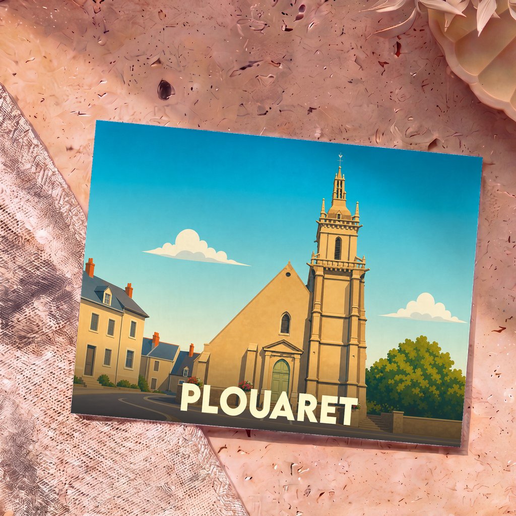 Carte postale souvenir de la ville de Plouaret avec une illustration stylisée de son église et de ses maisons typiques.