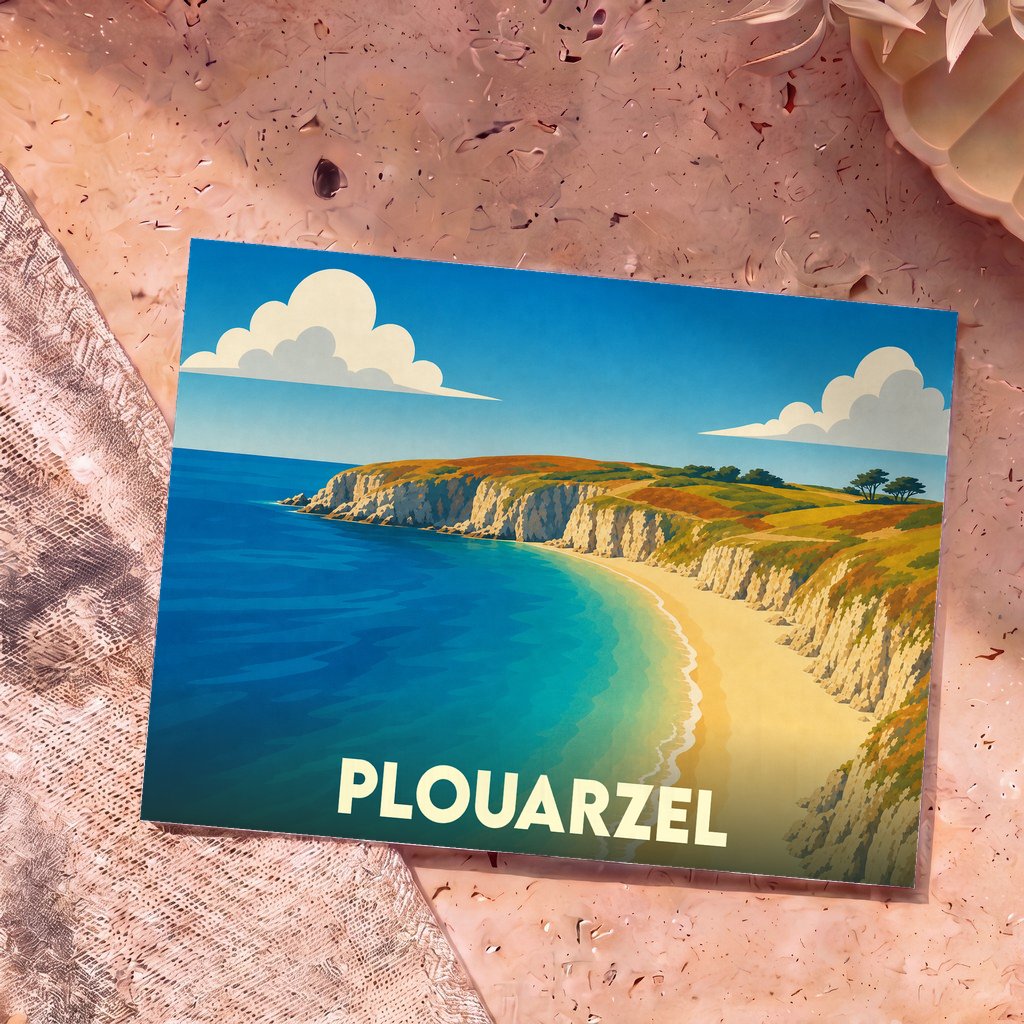 Carte postale souvenir de la ville de Plouarzel illustrant une côte sauvage et ensoleillée.