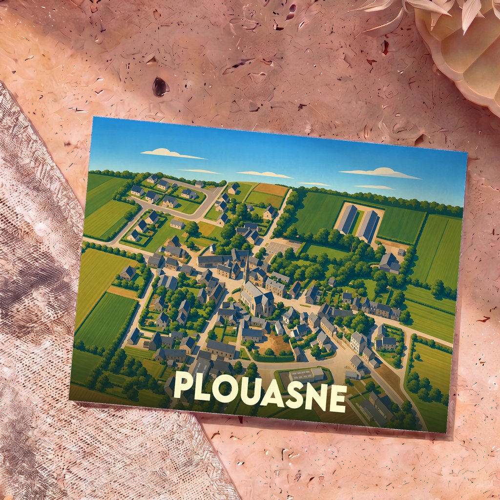 Carte postale souvenir de la ville de Plouasne avec une illustration aérienne stylisée.