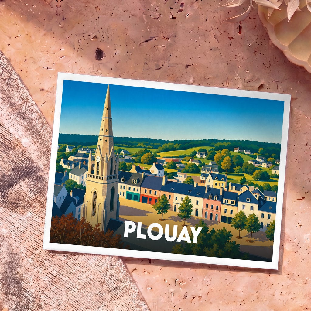 Carte postale souvenir de la ville de Plouay avec une illustration stylisée montrant son église et ses maisons colorées.
