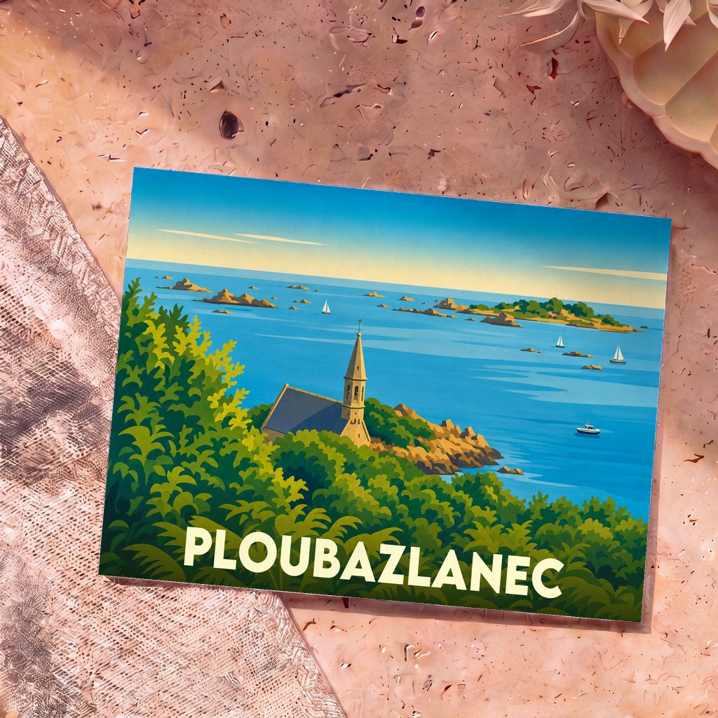 Carte postale souvenir de la ville de Ploubazlanec avec une illustration stylisée de son église face à la mer.