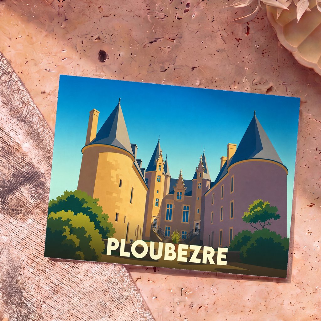 Carte postale souvenir de la ville de Ploubezre avec une illustration stylisée de son château.