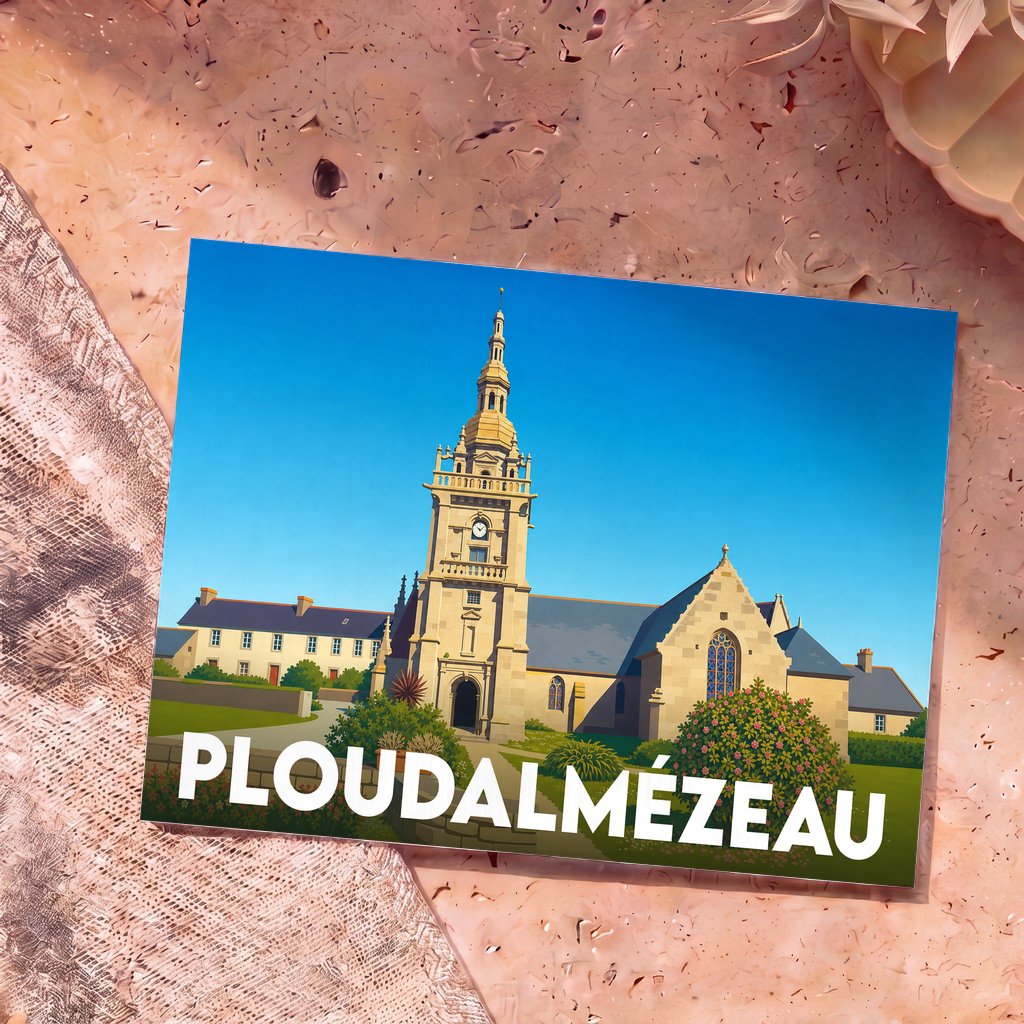Carte postale souvenir de la ville de Ploudalmézeau avec une illustration stylisée de son église.