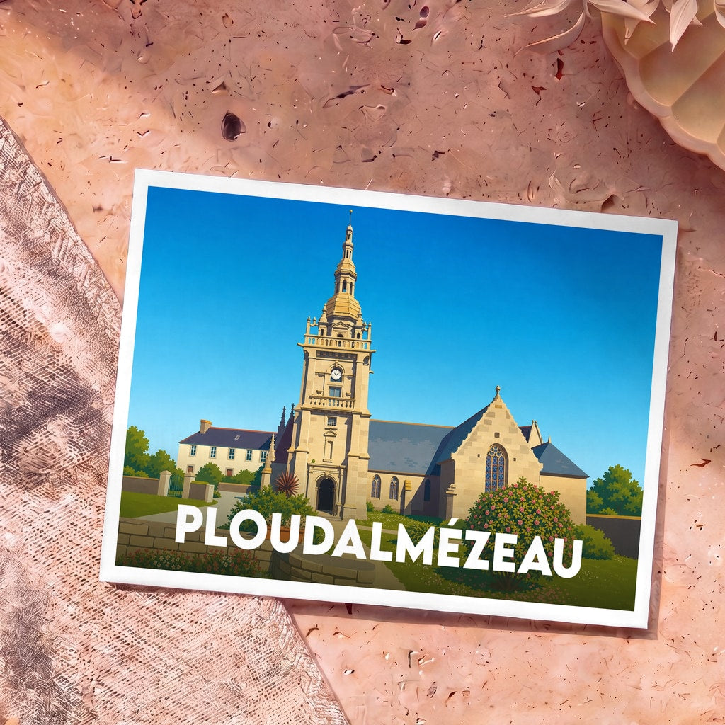Carte postale souvenir de la ville de Ploudalmézeau avec une illustration stylisée de son église.