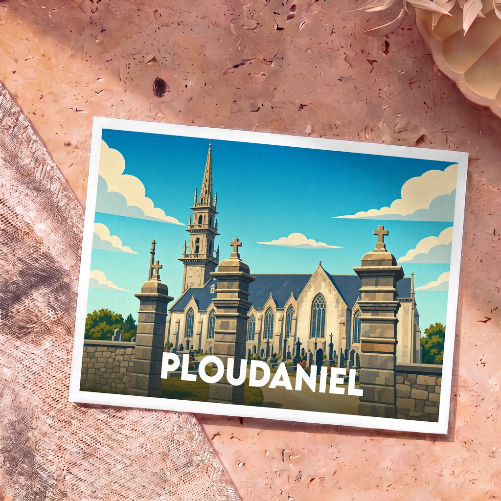 Carte postale souvenir de la ville de Ploudaniel illustrant son église et son cimetière dans un style graphique épuré.