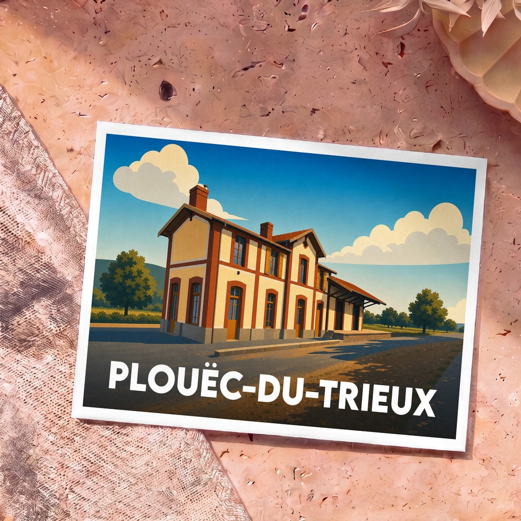 Carte postale souvenir de la ville de Plouëc-du-Trieux avec une illustration stylisée de son ancienne gare.