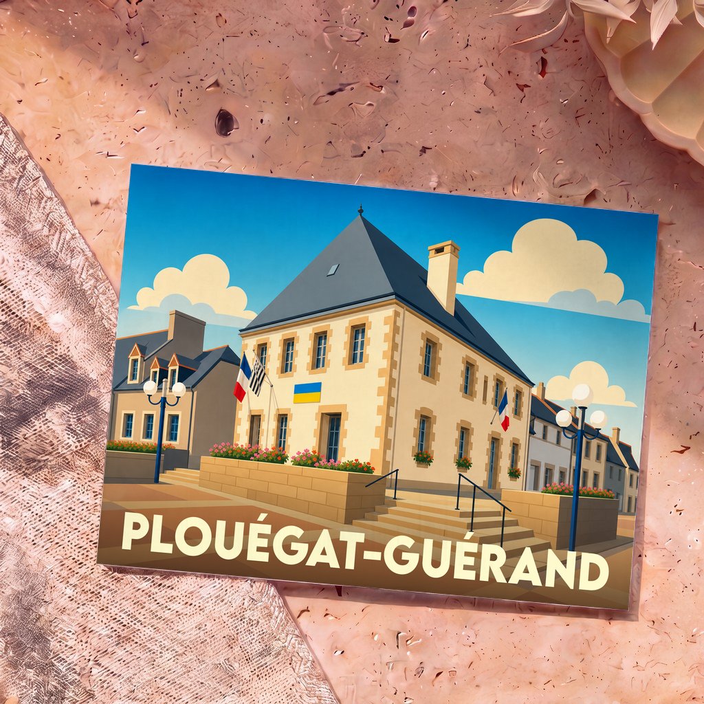 Carte postale souvenir de Plouégat-Guérand avec une illustration stylisée de la mairie sous un ciel bleu.