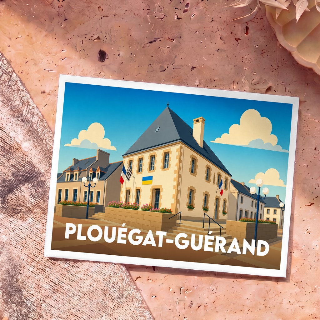 Carte postale souvenir de Plouégat-Guérand avec une illustration stylisée de la mairie sous un ciel bleu.