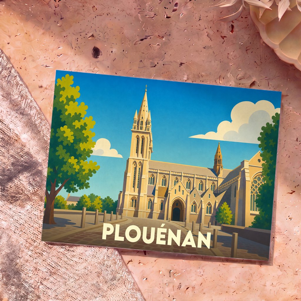 Carte postale souvenir de la ville de Plouénan avec une illustration stylisée de son église sous un ciel bleu.