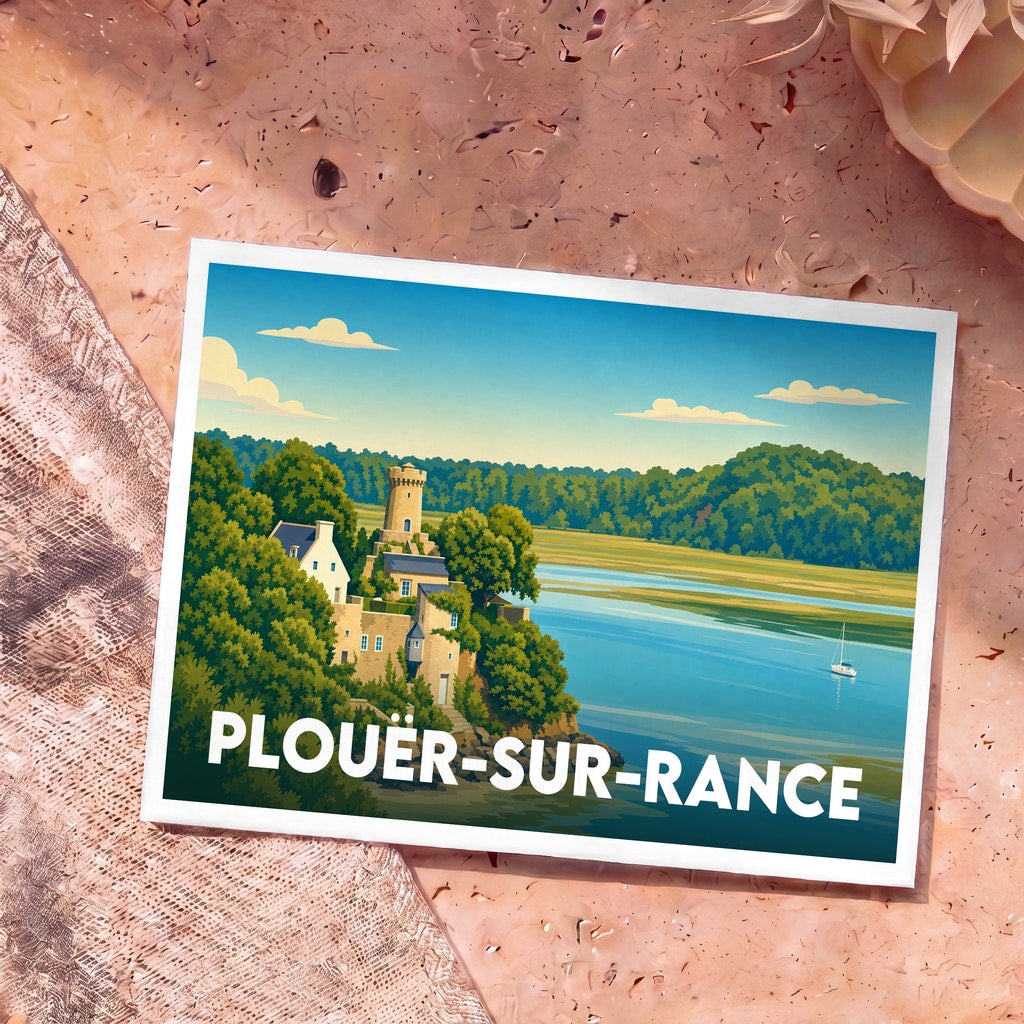 Carte postale souvenir de la ville de Plouër-sur-Rance avec une illustration stylisée des bords de la Rance.
