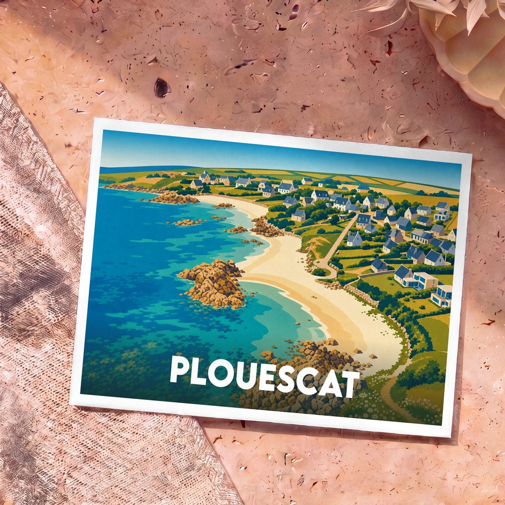 Carte postale souvenir de la ville de Plouescat illustrant sa côte et ses maisons de bord de mer dans un style graphique épuré.