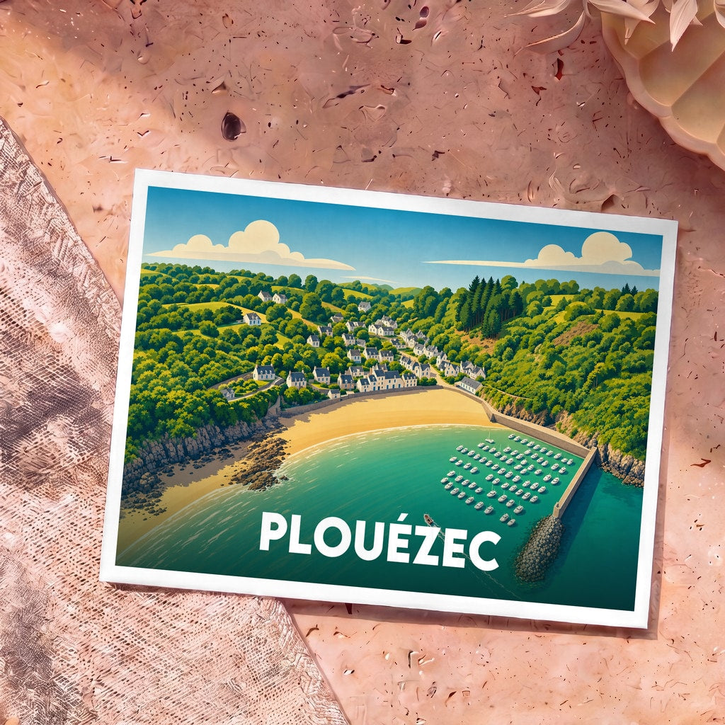 Carte postale souvenir de la ville de Plouézec illustrant une vue aérienne stylisée de son port et de sa côte.