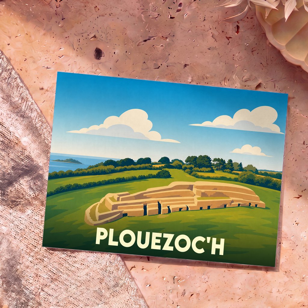 Carte postale souvenir de la ville de Plouezoc'h illustrant le Grand Cairn de Barnenez dans un style graphique et coloré.