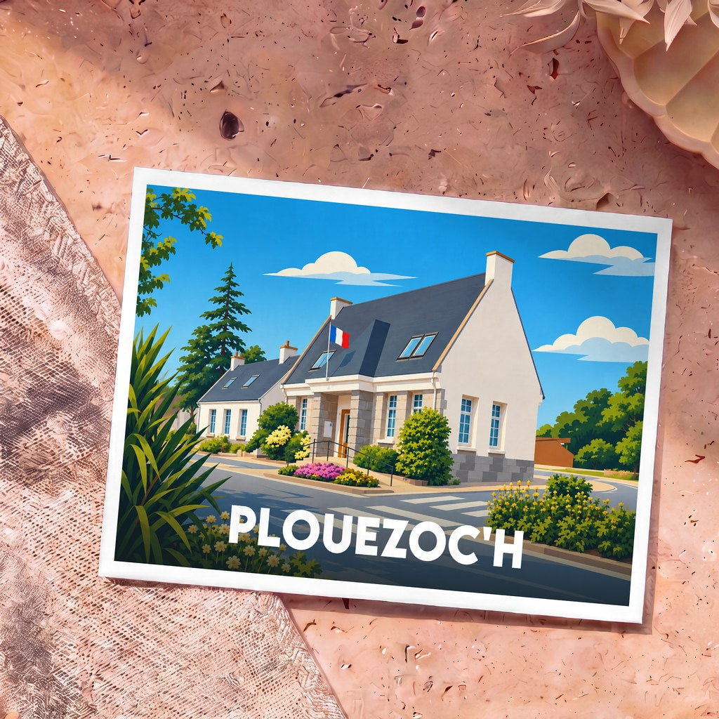 Carte postale souvenir de la ville de Plouezoc'h avec une illustration colorée et stylisée de sa mairie.