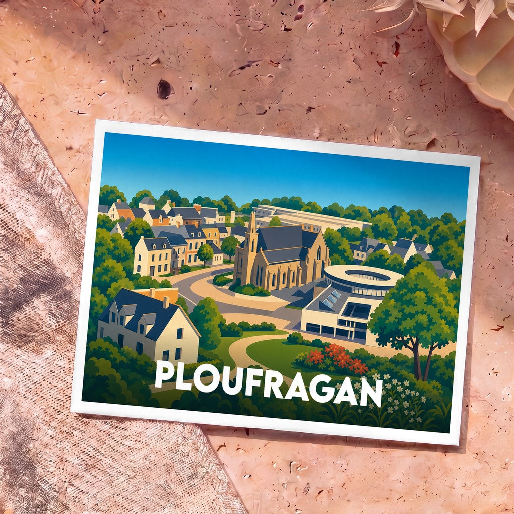 Carte postale souvenir de la ville de Ploufragan avec une illustration stylisée et colorée de son centre-ville.