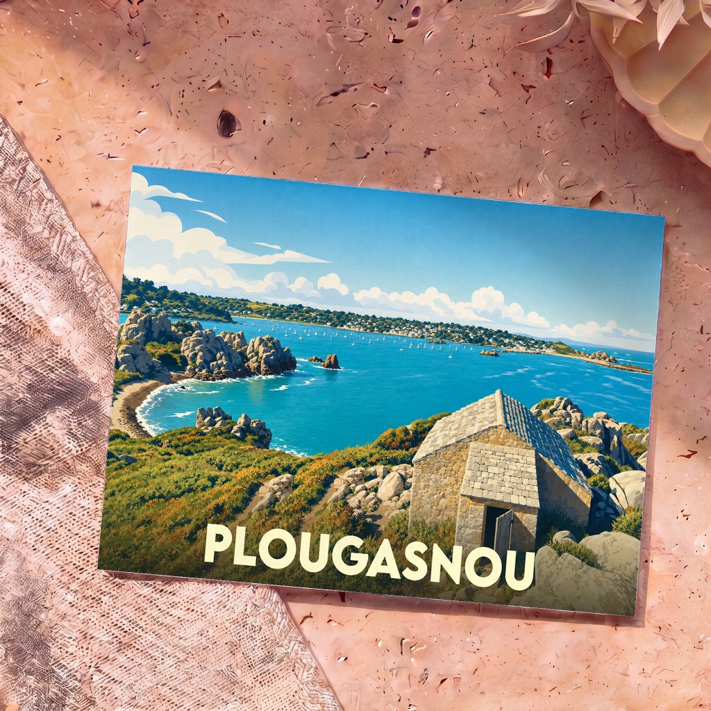 Carte postale souvenir de la ville de Plougasnou avec une illustration stylisée d'un paysage côtier breton.