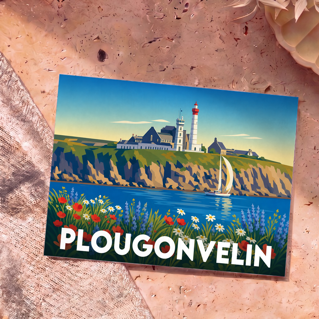 Carte postale souvenir de la ville de Plougonvelin avec une illustration stylisée du phare de Saint-Mathieu et des falaises.