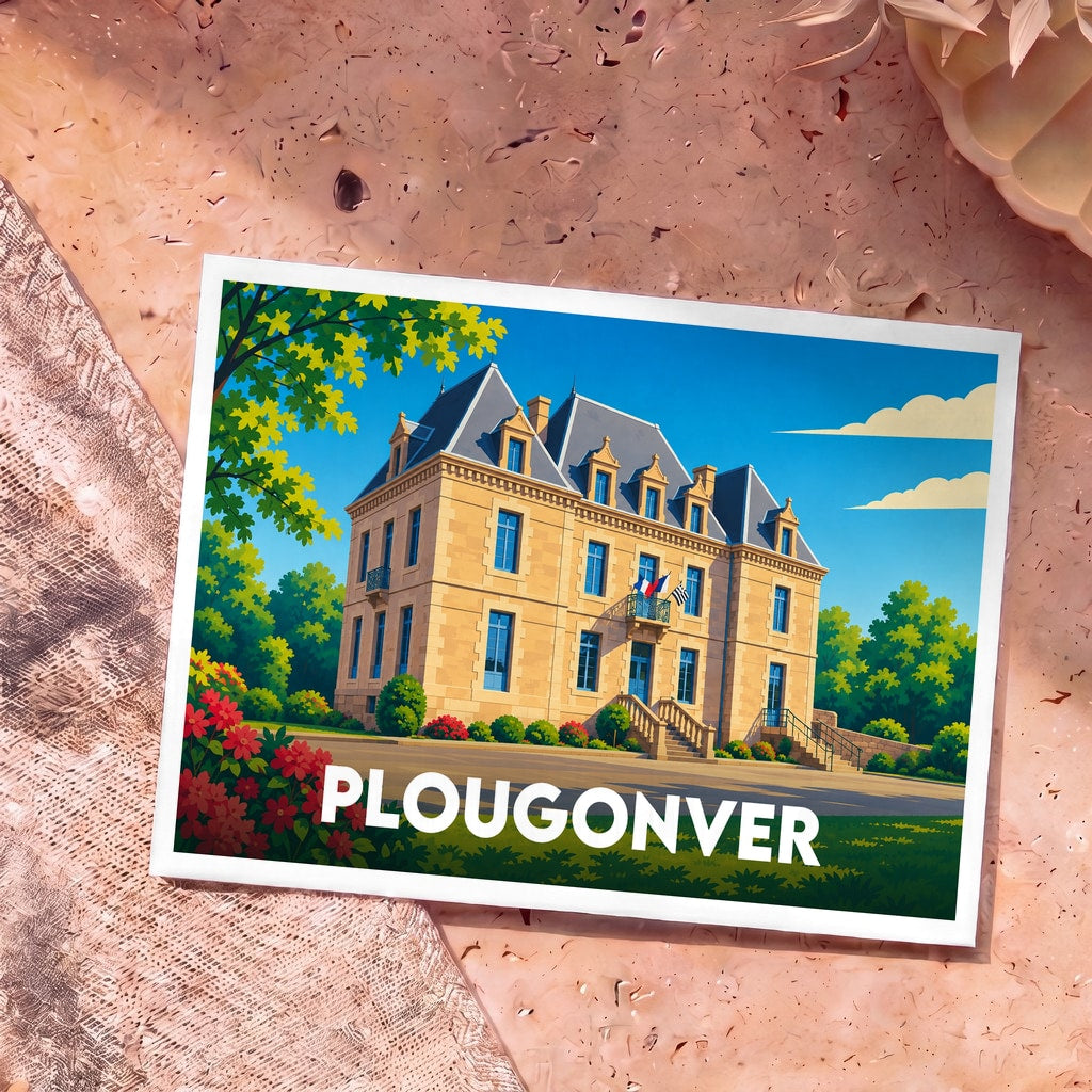 Carte postale souvenir de la ville de Plougonver illustrant une demeure bourgeoise de style traditionnel.