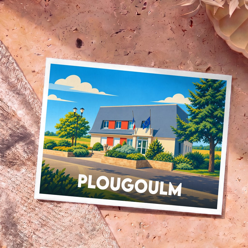 Carte postale souvenir de la ville de Plougoulm avec une illustration stylisée de sa mairie fleurie.