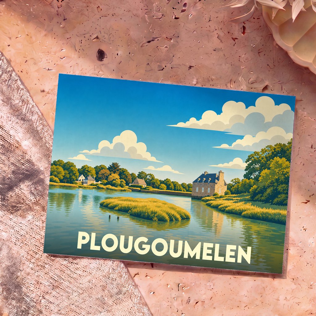 Carte postale souvenir de la ville de Plougoumelen avec une illustration stylisée d'un paysage côtier breton.