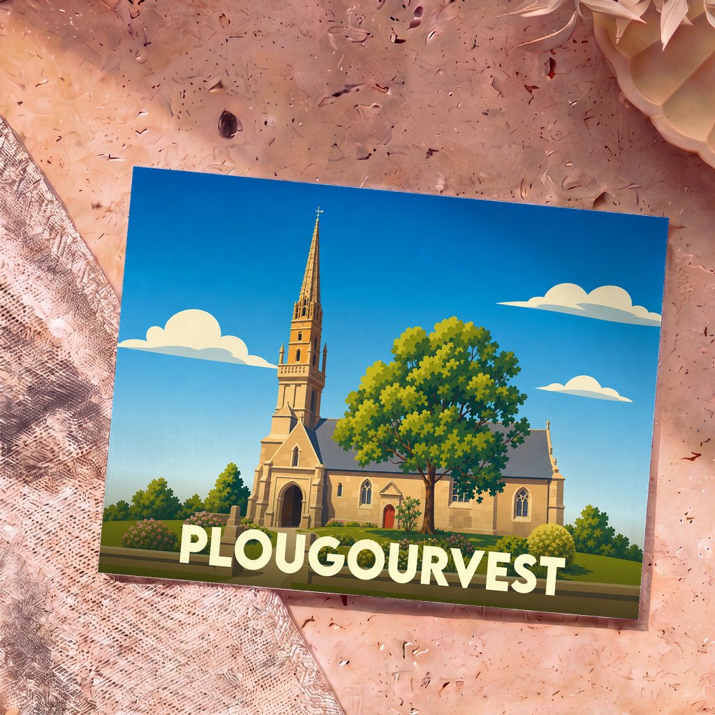 Carte postale souvenir de la ville de Plougourvest illustrant son église avec un style graphique épuré.