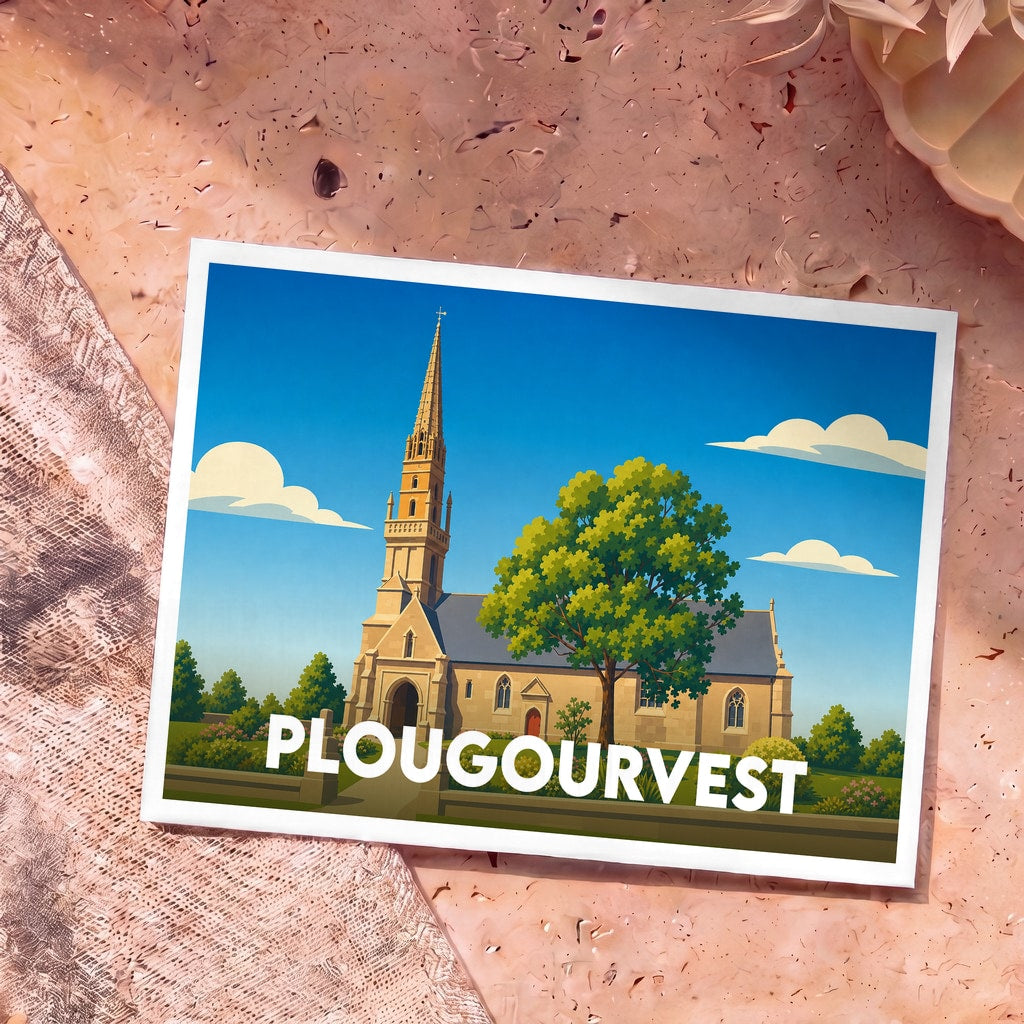 Carte postale souvenir de la ville de Plougourvest illustrant son église avec un style graphique épuré.