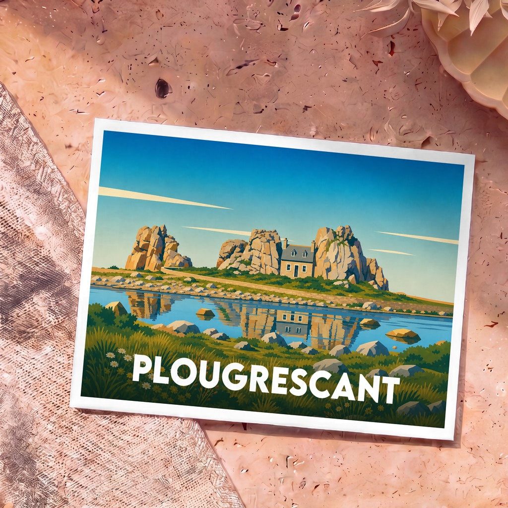 Carte postale souvenir de la ville de Plougrescant illustrant une maison typique nichée entre deux rochers.