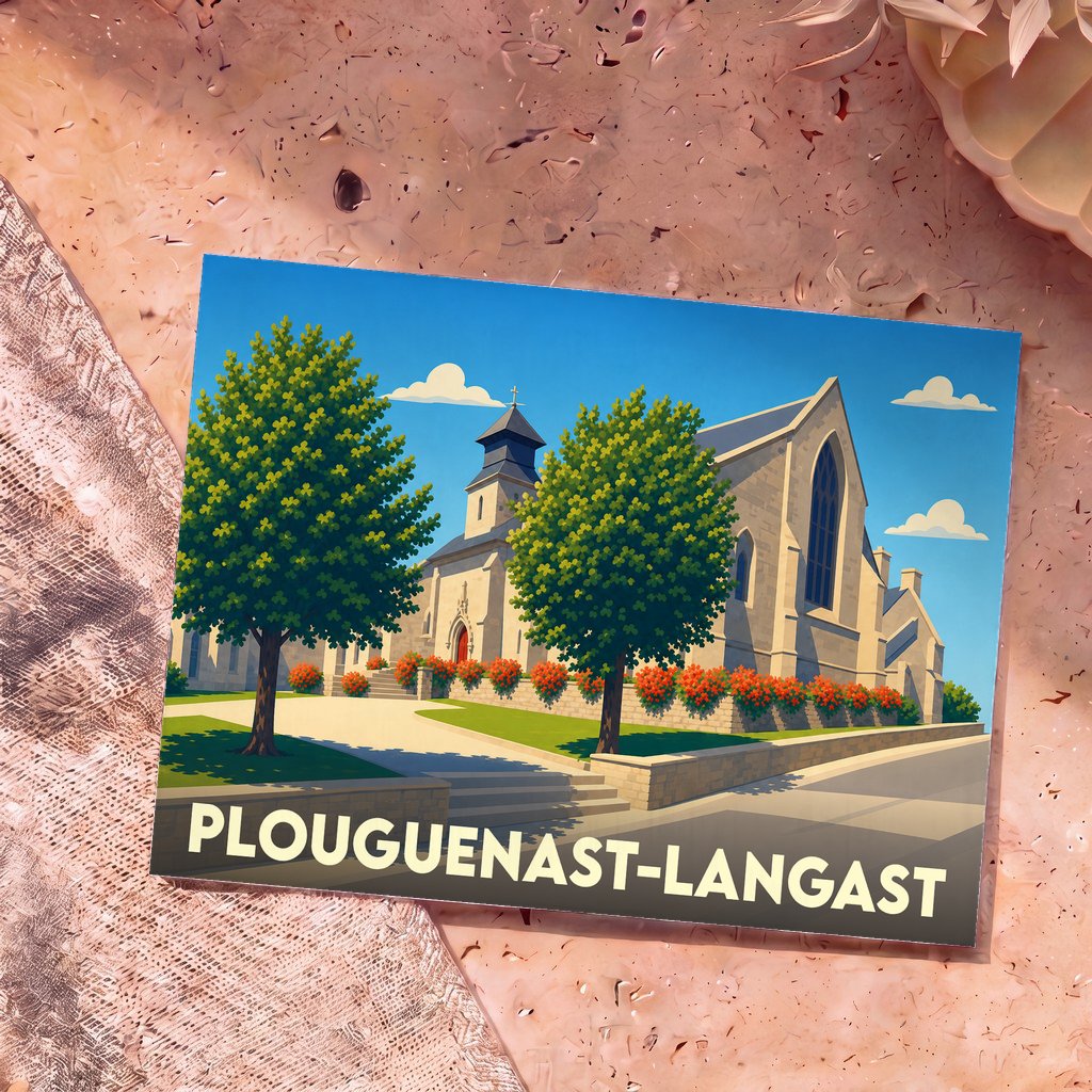 Carte postale souvenir de Plouguenast-Langast illustrant son église dans un style graphique épuré.