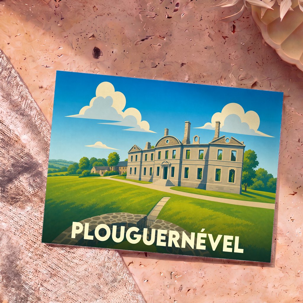 Carte postale souvenir de la ville de Plouguernével avec une illustration stylisée d'un manoir breton.