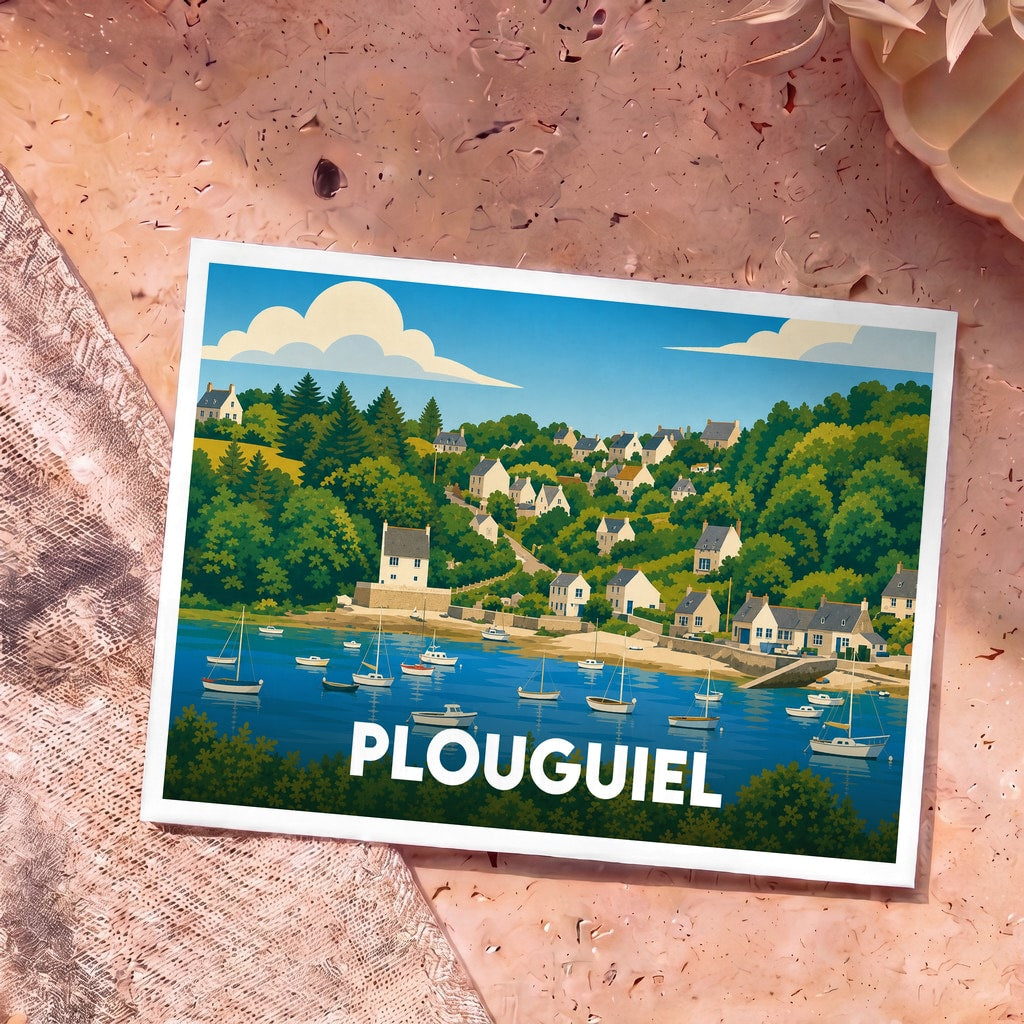 Carte postale souvenir de la ville de Plouguiel avec une illustration stylisée d'un port côtier.