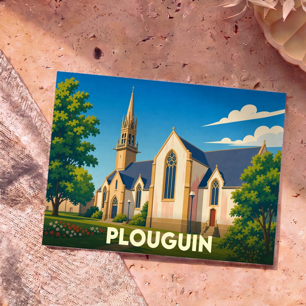 Carte postale souvenir de la ville de Plouguin avec une illustration stylisée de son église sous un ciel bleu.
