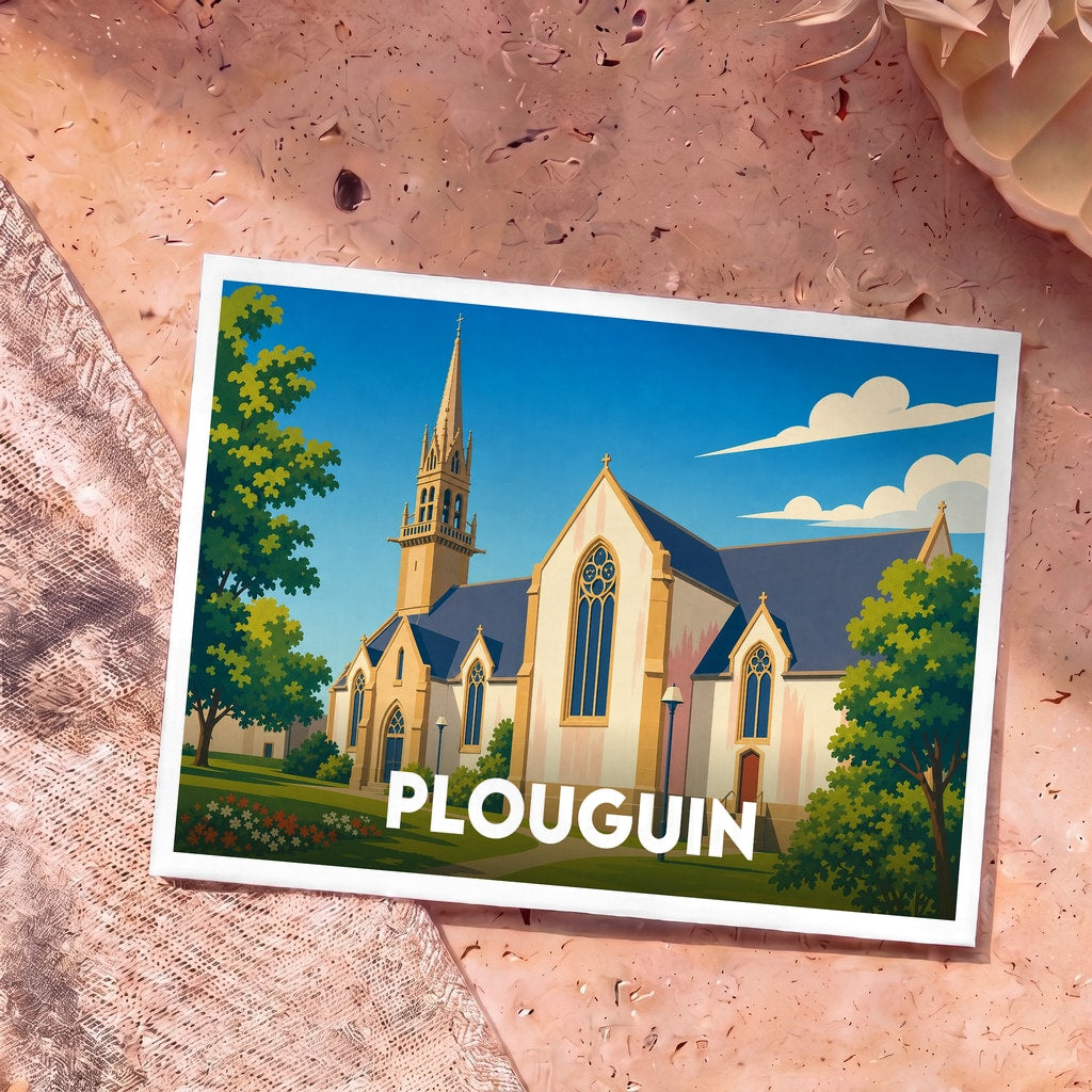 Carte postale souvenir de la ville de Plouguin avec une illustration stylisée de son église sous un ciel bleu.