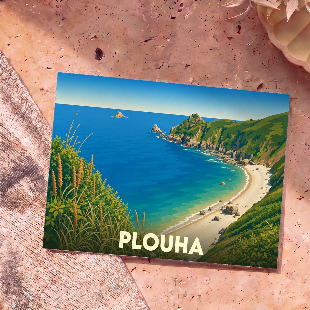 Carte postale souvenir de la ville de Plouha avec une illustration stylisée d'une plage bordée de falaises.