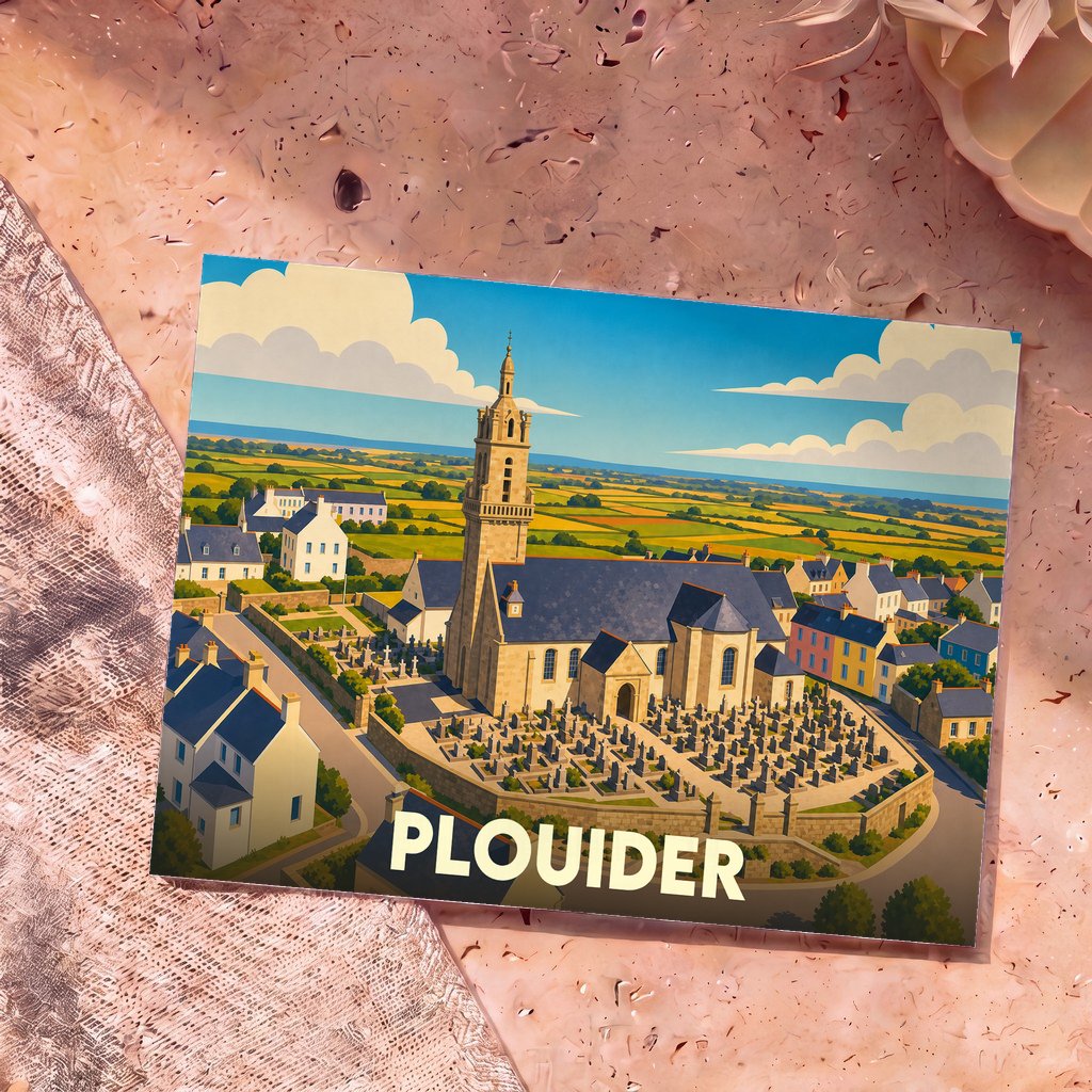 Carte postale souvenir de la ville de Plouider illustrant son église et son cimetière dans un style graphique coloré.