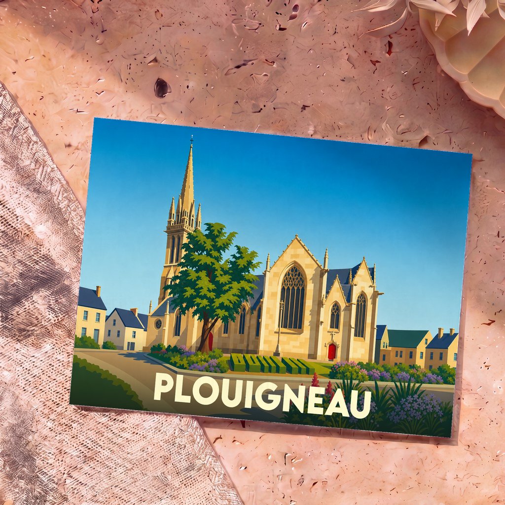 Carte postale souvenir de la ville de Plouigneau illustrant son église et son clocher dans un style graphique épuré.