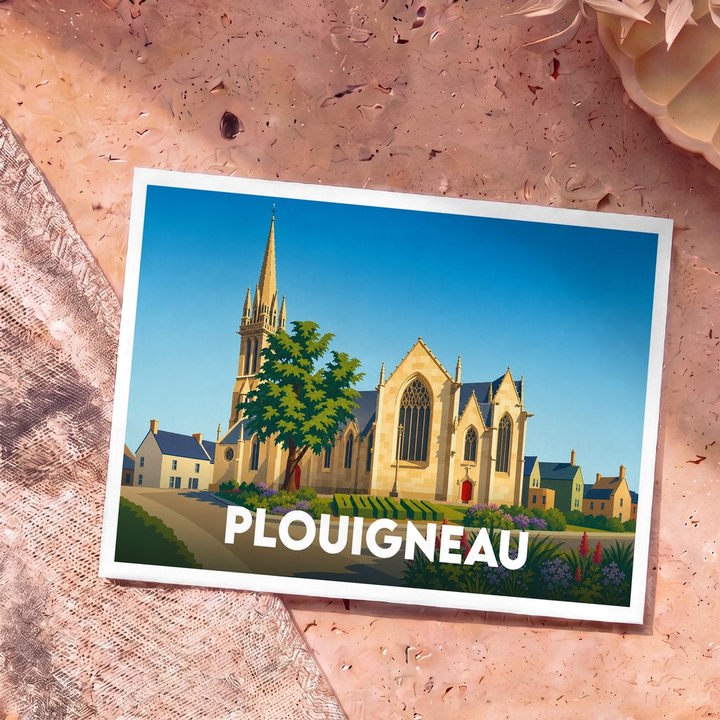 Carte postale souvenir de la ville de Plouigneau illustrant son église et son clocher dans un style graphique épuré.