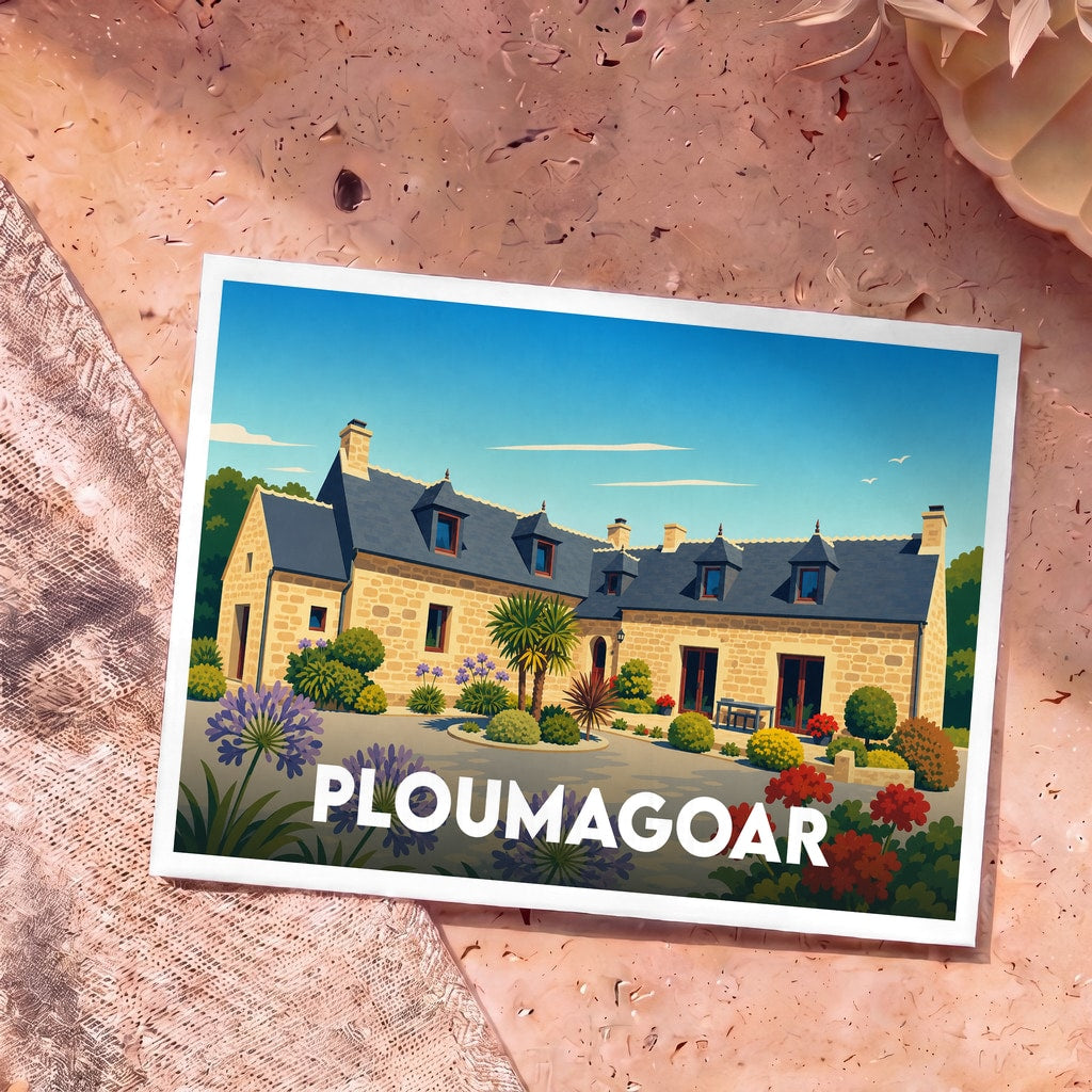 Carte postale souvenir de la ville de Ploumagoar avec une illustration stylisée d'une maison traditionnelle bretonne.