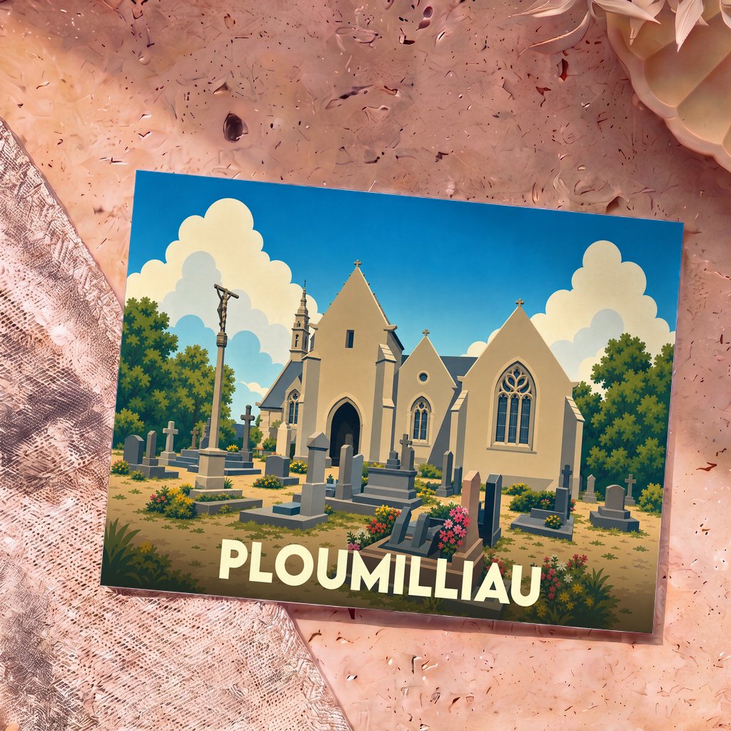 Carte postale souvenir de la ville de Ploumilliau avec une illustration stylisée de son église et de son cimetière.