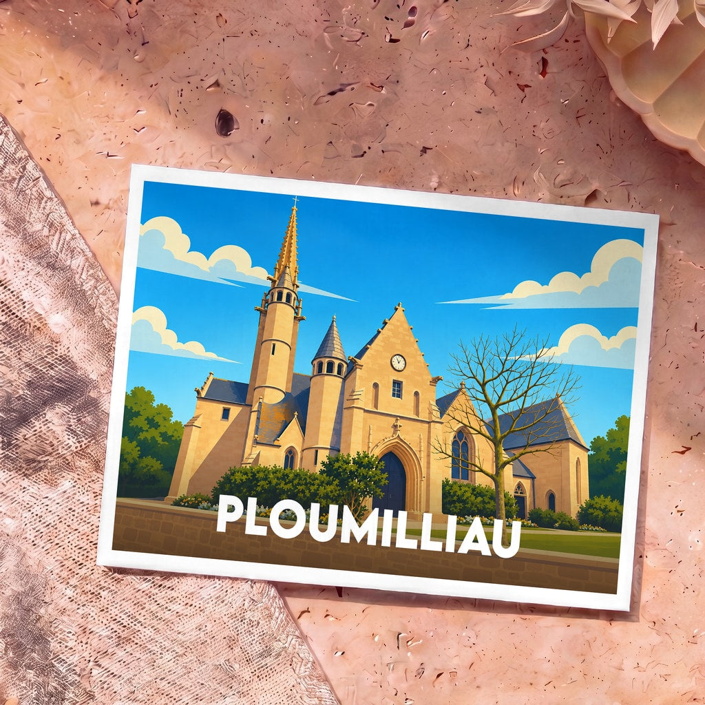 Carte postale souvenir de la ville de Ploumilliau avec une illustration stylisée de son église.
