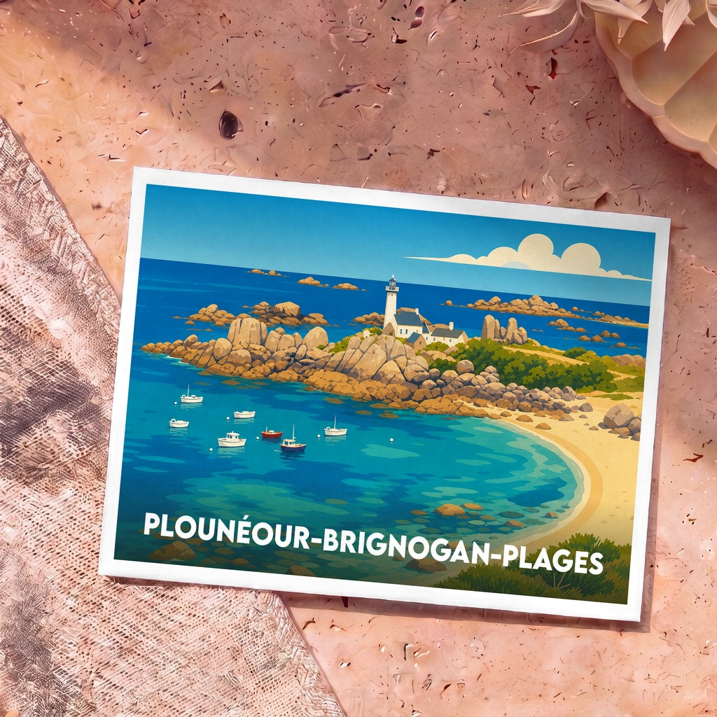 Carte postale souvenir de Plounéour-Brignogan-Plages avec une illustration stylisée de son littoral et de son phare.